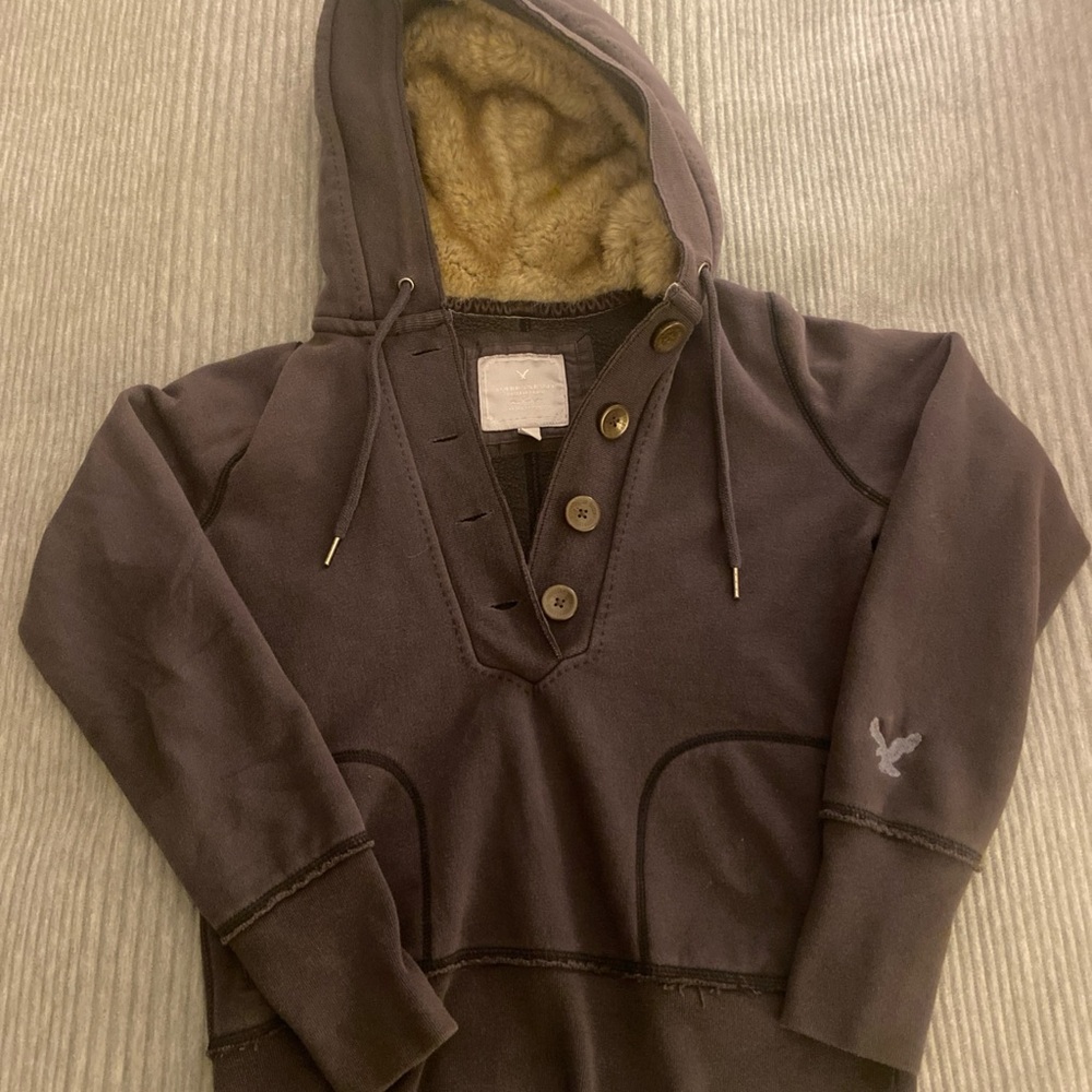 Y2K AE 77 Womens M Faux Fur Sherpa Lined Henley Hoodie Collegiate Preppy 2000s